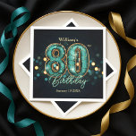 Sparkling Teal and Gold 80th Birthday  Napkin<br><div class="desc">Celebrate eight decades in shimmering style! These vibrant 80th birthday paper napkins feature a captivating design of bold "80" numbers, rendered in a rich teal with elegant gold outlines and a scattered sparkle effect. Against a sophisticated dark background, subtle bokeh lights add a festive glow. Easily personalize the name and...</div>