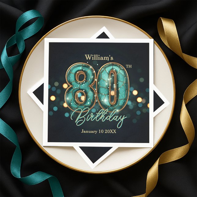  Sparkling Teal and Gold 80th Birthday  Napkin (Creator Uploaded)