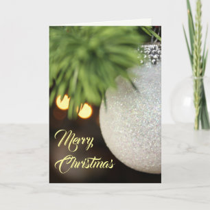 Sparkling White Bauble on Pine Branch with Lights Holiday Card