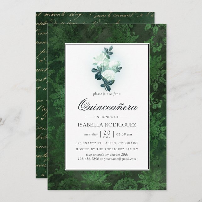 Sparkling White Roses and Green Damask Quinceañera Invitation (Front/Back)