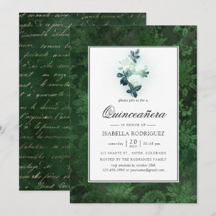 Sparkling White Roses and Green Damask Quinceañera Invitation