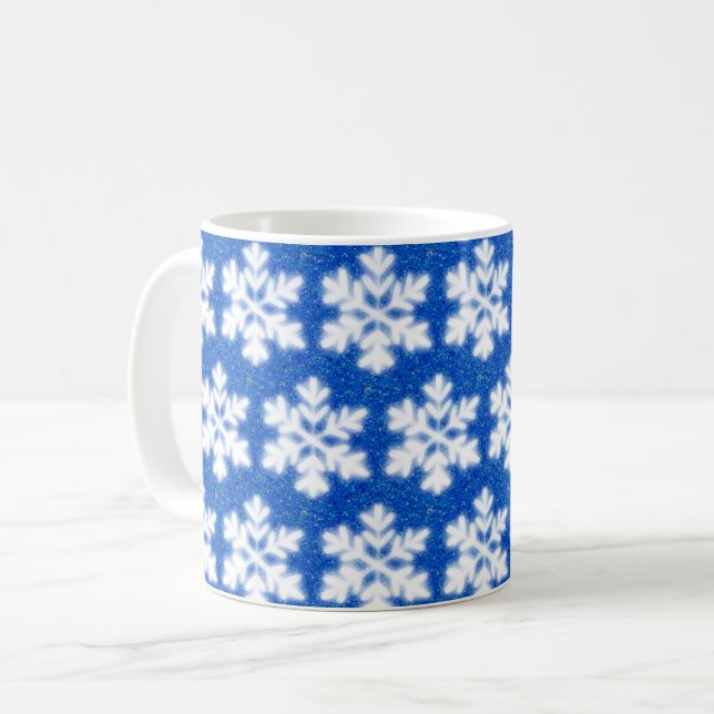 Sparkling white snowflakes blue background coffee mug (Front Left)