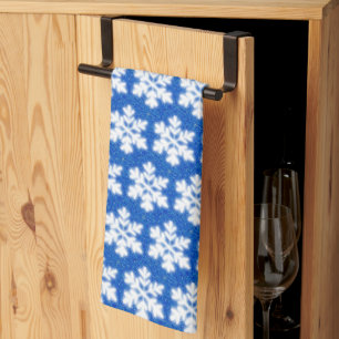 Sparkling white snowflakes blue background kitchen towel