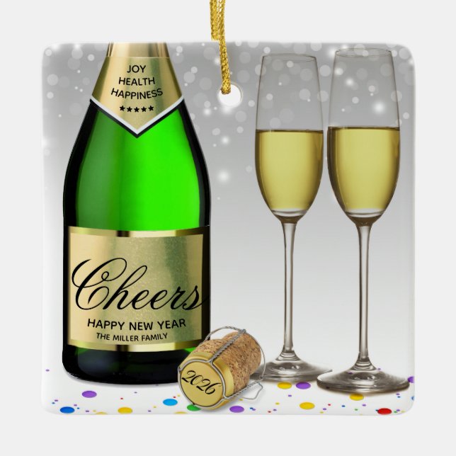 Sparkling Wine Bottle Happy New Year 2026 Ceramic Ornament (Front)