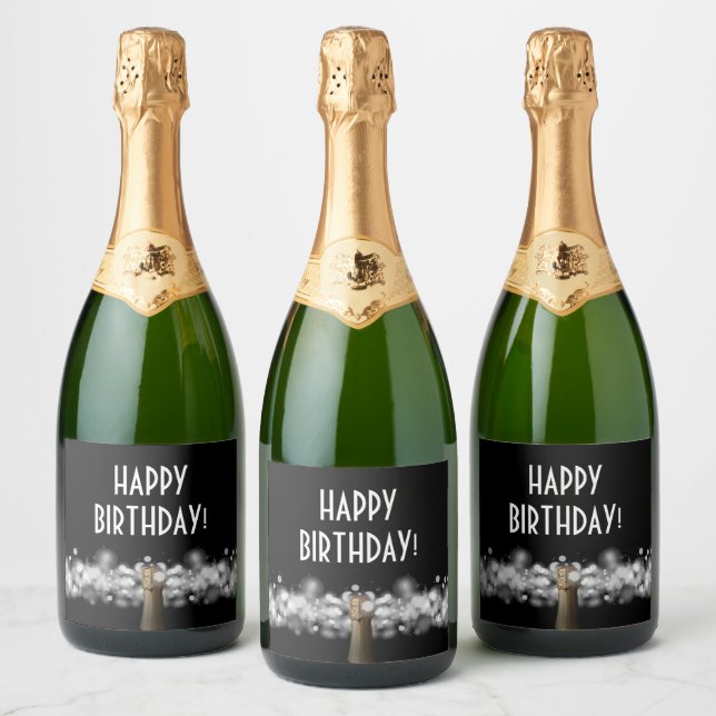 Sparkling Wine Bubbles on Black Personalized Sparkling Wine Label (Bottles)
