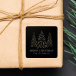 Sparkling Winter Pine Black Merry Christmas Square Sticker<br><div class="desc">Elegant Christmas stickers featuring snowy faux gold foil pine trees with a black background (or colour of your choice). "Merry Christmas" is displayed in a white, modern serif font with your name or custom text below. The personalized holiday stickers are perfect to use for sealing Christmas card envelopes, gift wrapping,...</div>