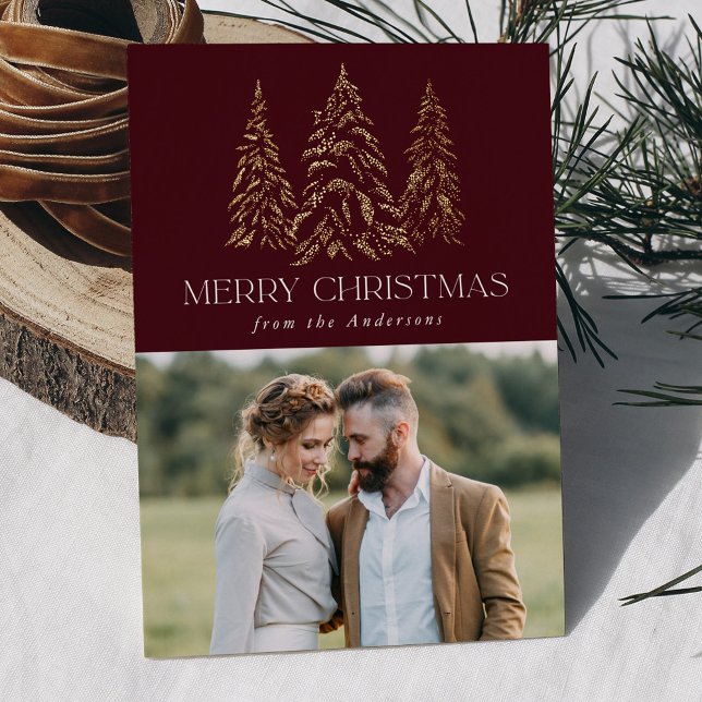 Sparkling Winter Pine Burgundy and Gold Foil Holiday Card (Creator Uploaded)