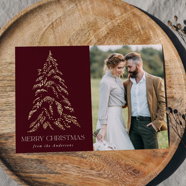 Sparkling Winter Pine Burgundy and Gold Foil Holiday Card (Creator Uploaded)