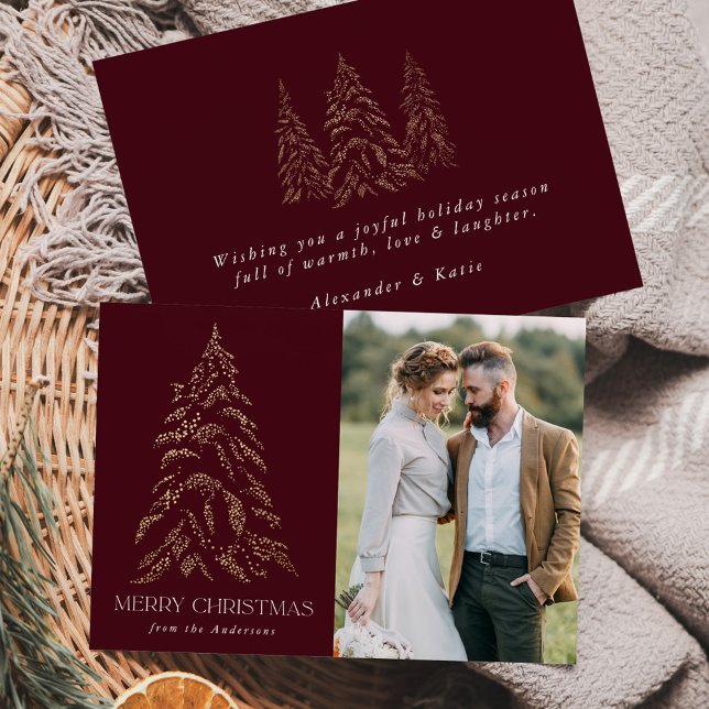 Sparkling Winter Pine Burgundy Merry Christmas Holiday Card (Creator Uploaded)