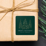 Sparkling Winter Pine Green Merry Christmas Square Sticker<br><div class="desc">Elegant Christmas stickers featuring snowy faux gold foil pine trees with a green background (or colour of your choice). "Merry Christmas" is displayed in a white, modern serif font with your name or custom text below. The personalized holiday stickers are perfect to use for sealing Christmas card envelopes, gift wrapping,...</div>