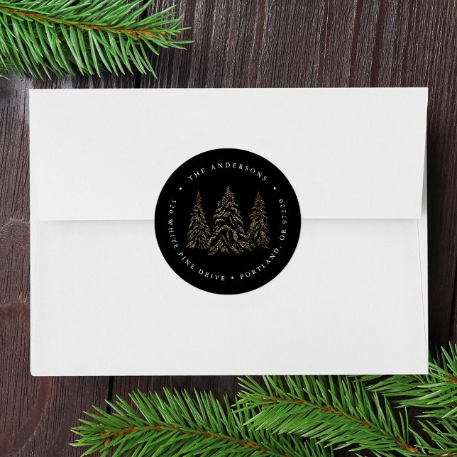 Sparkling Winter Pine Holiday Return Address Classic Round Sticker (Creator Uploaded)