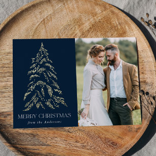 Sparkling Winter Pine Navy and Gold Foil Holiday Card