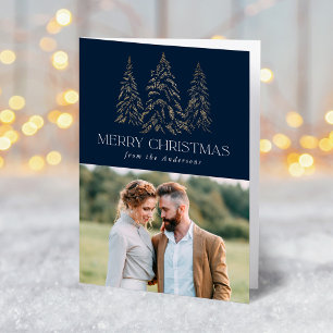 Sparkling Winter Pine Navy Merry Christmas 2 Photo Holiday Card