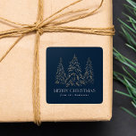 Sparkling Winter Pine Navy Merry Christmas Square Sticker<br><div class="desc">Elegant Christmas stickers featuring snowy faux gold foil pine trees with a navy background (or colour of your choice). "Merry Christmas" is displayed in a white, modern serif font with your name or custom text below. The personalized holiday stickers are perfect to use for sealing Christmas card envelopes, gift wrapping,...</div>