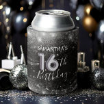 Sparkly 16th Birthday Silver Glitter & Black<br><div class="desc">Add a touch of glamour to your event with this sleek and stylish can cooler featuring sparkling silver glitter and dazzling stars on a sophisticated black background. Accented with bold balloon-style typography, this design makes a stunning statement for any celebration. Perfect for adding elegance and shine, it’s an ideal keepsake...</div>