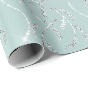 Sparkly Aqua Ocean Laurel Floral Silver Diamonds Wrapping Paper