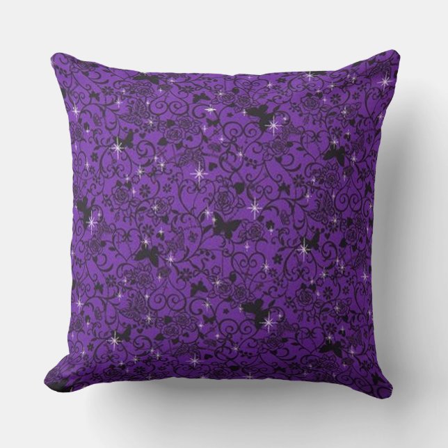 Sparkly Black and Purple Butterfly Floral Pillow (Front)