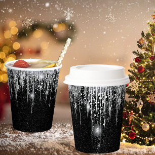 Sparkly Black and Silver Christmas New year Party Paper Cups