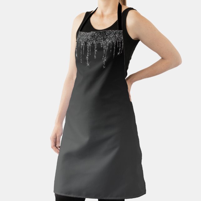 Sparkly Black Glitter Drips Dark Grey Ombre Apron (Insitu)