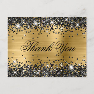 Sparkly Black Glitter Gold Foil Fancy Thank You Postcard