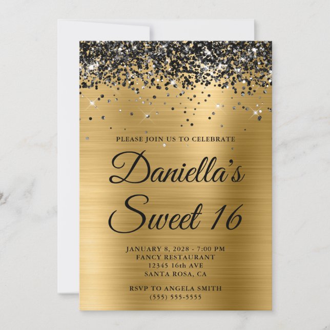 Sparkly Black Glitter Gold Foil Sweet 16 Invitation (Front)
