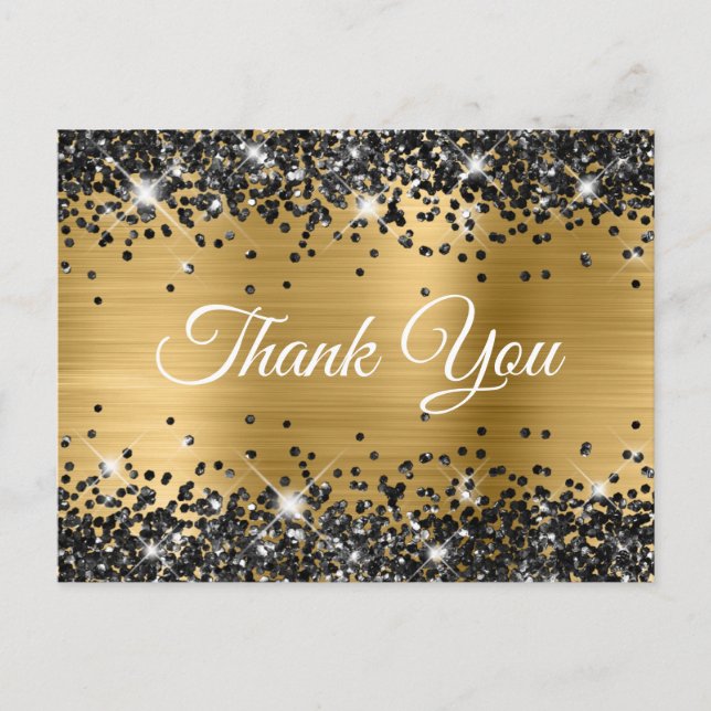 Sparkly Black Glitter Gold Foil Thank You Postcard (Front)