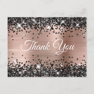 Sparkly Black Glitter Rose Gold Foil Thank You Postcard