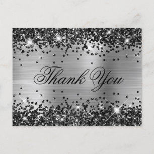 Sparkly Black Glitter Silver Foil Fancy Thank You Postcard