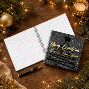 Sparkly Black Gold Merry Christmas Happy New Year Notebook