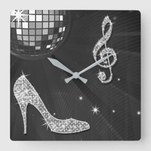 Sparkly Black Music Note & Stiletto Heel Square Wall Clock