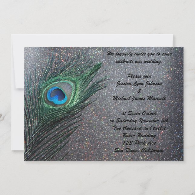 Sparkly Black Peacock Wedding Invitation (Front)