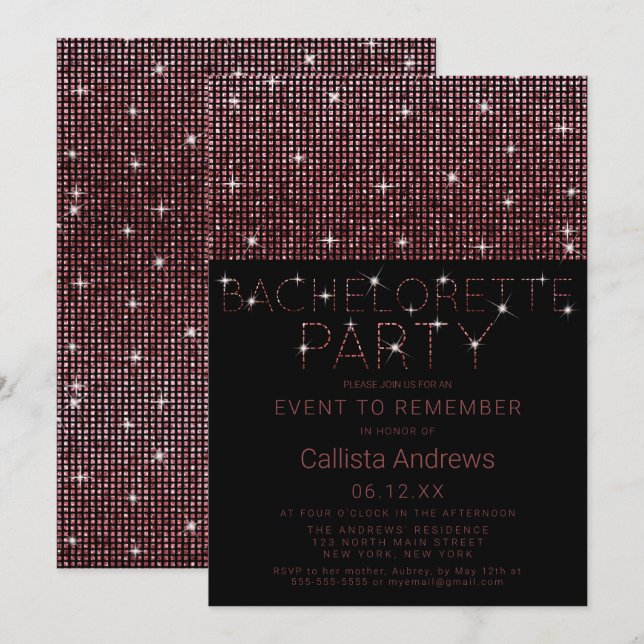 Sparkly Black Pink Glitter Sequins Bachelorette Invitation (Front/Back)