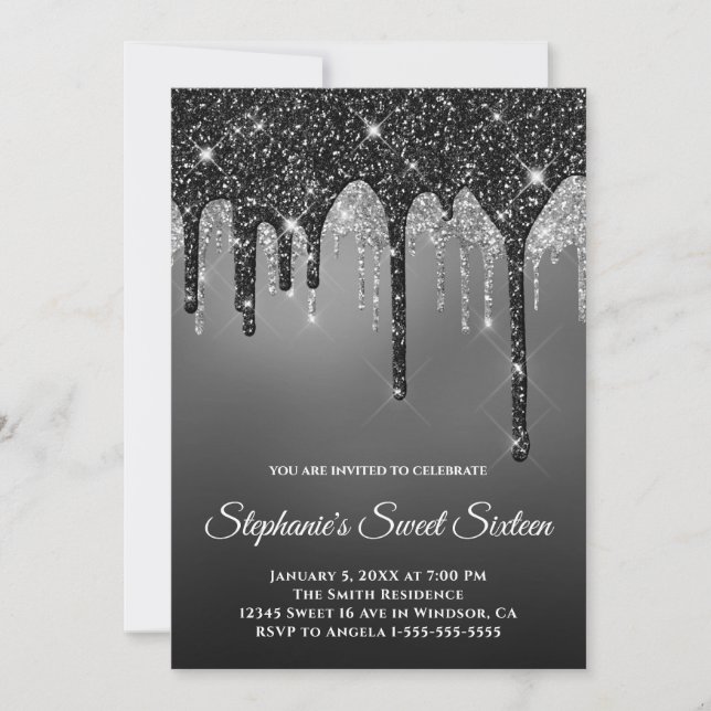 Sparkly Black Silver Glitter Grey Ombre Sweet 16 Invitation (Front)