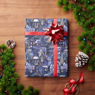 Sparkly Blue Christmas Village With Snowy Trees Wrapping Paper