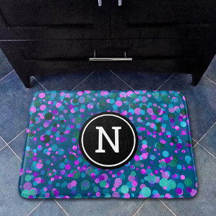 Sparkly blue purple confetti dots on teal monogram bath mat
