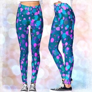 Sparkly blue purple pink confetti dots on teal leggings
