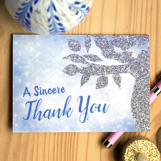 Sparkly Blue Silver Glitter Bat Mitzvah Thank You Card (Blue and silver glitter tree of life thank you card for bat mitzvah guests)