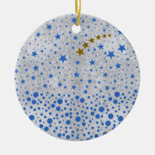 Sparkly blue stars on abstract silver paper ceramic ornament