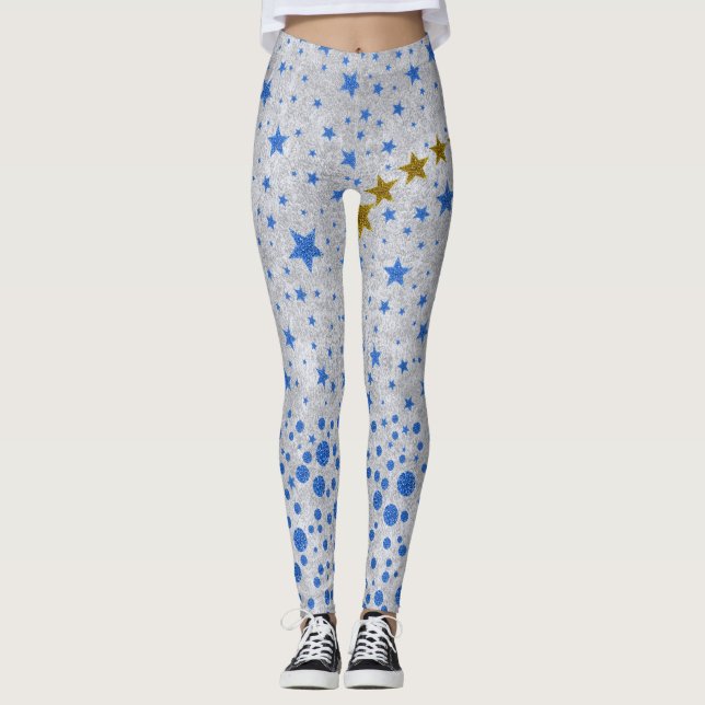 Sparkly blue stars on abstract silver paper leggings (Front)