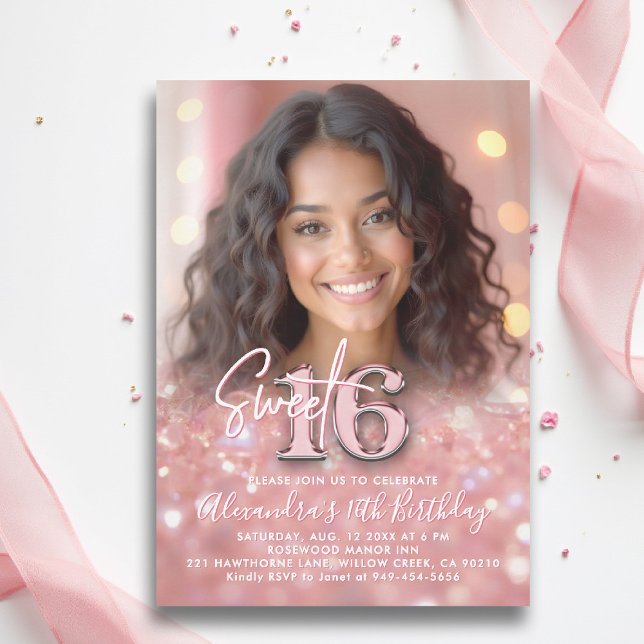 Sparkly Blush Pink Elegant Chic Photo Sweet 16 Invitation (sweet sixteen invitation 16th birthday sparkles glitter rose gold blush pink photo template elegant )