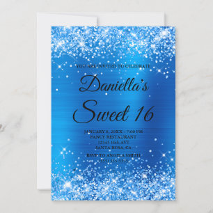 Sparkly Brght Blue Glitter and Foil Sweet 16 Invitation