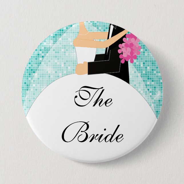 Sparkly Bride Bridal Party  Button / Pin Turquoise (Front)