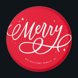 Sparkly Bubbly Script Merry Holiday Magnet<br><div class="desc">This fun ornament displays a hand lettered "merry" greeting on the front and a family photo on the back. It coordinates with holiday photo cards in the same collection. Thanks for visiting my Zazzle store! Don't hesitate to DM if you have questions.</div>
