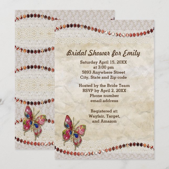 Sparkly Butterfly, Lace & Parchment Bridal Shower Invitation (Front/Back)