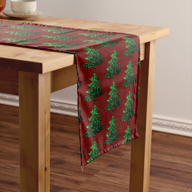 Sparkly Christmas tree green Dark red pattern Short Table Runner (In Situ)