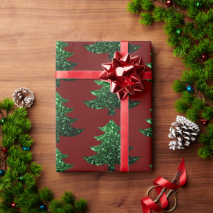 Sparkly Christmas tree green Dark red pattern Wrapping Paper
