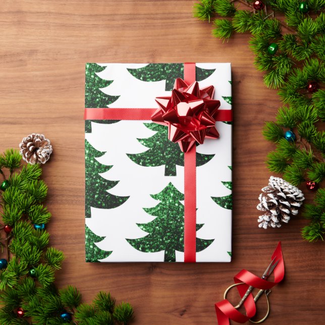 Sparkly Christmas tree green pattern white Wrapping Paper (Holiday Gift)