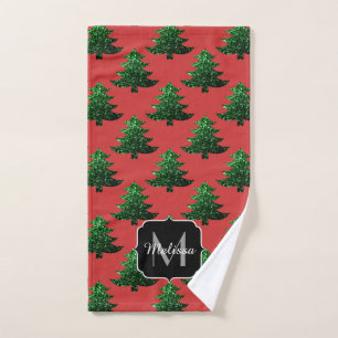 Sparkly Christmas tree green sparkles Monogram red Bath Towel Set