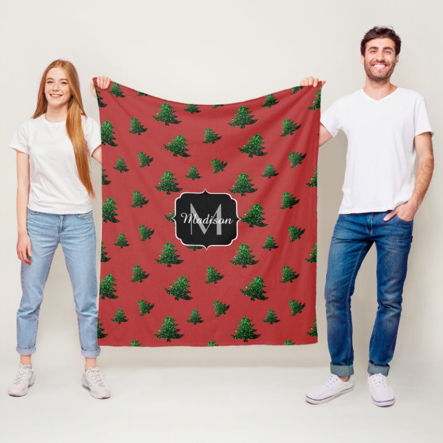 Sparkly Christmas tree green sparkles Monogram red Fleece Blanket (In Situ)