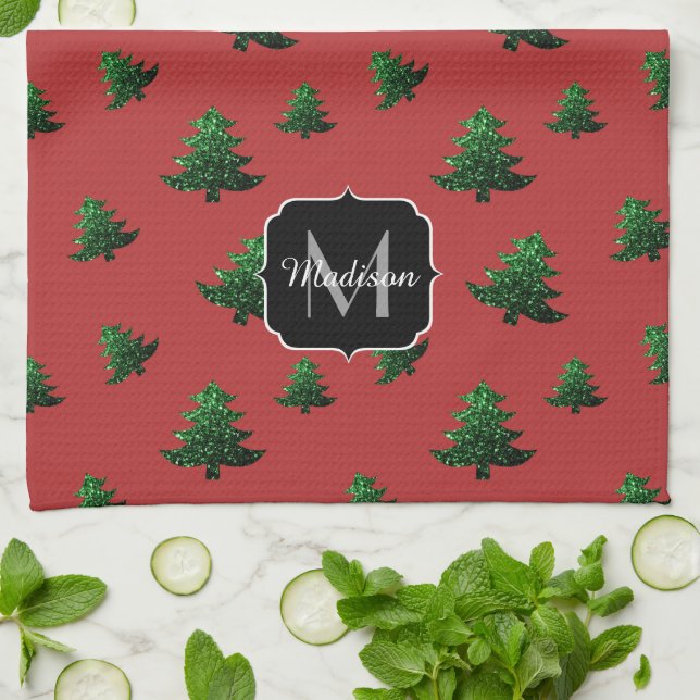 Sparkly Christmas tree green sparkles Monogram red Kitchen Towel (Folded)